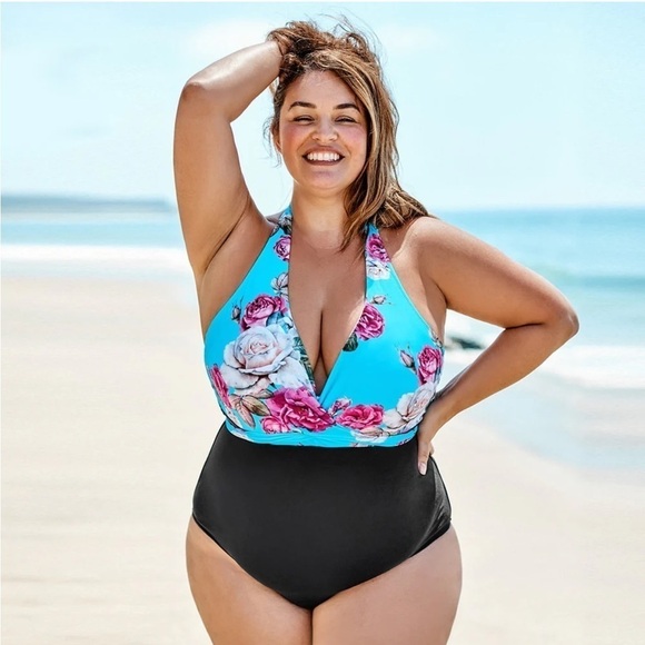 New NWT Cupshe Pink Blue Floral and Black Halter One Piece Swimsuit Women's 3X - Picture 1 of 12